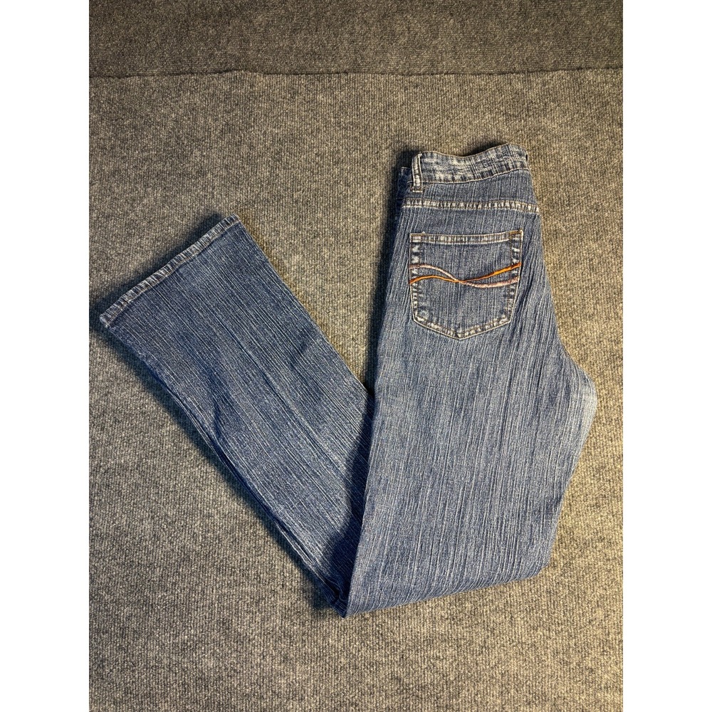 Fetish Jeans Women 7 Blue Denim Flat Front Stretch Straight Leg Embroidered Logo